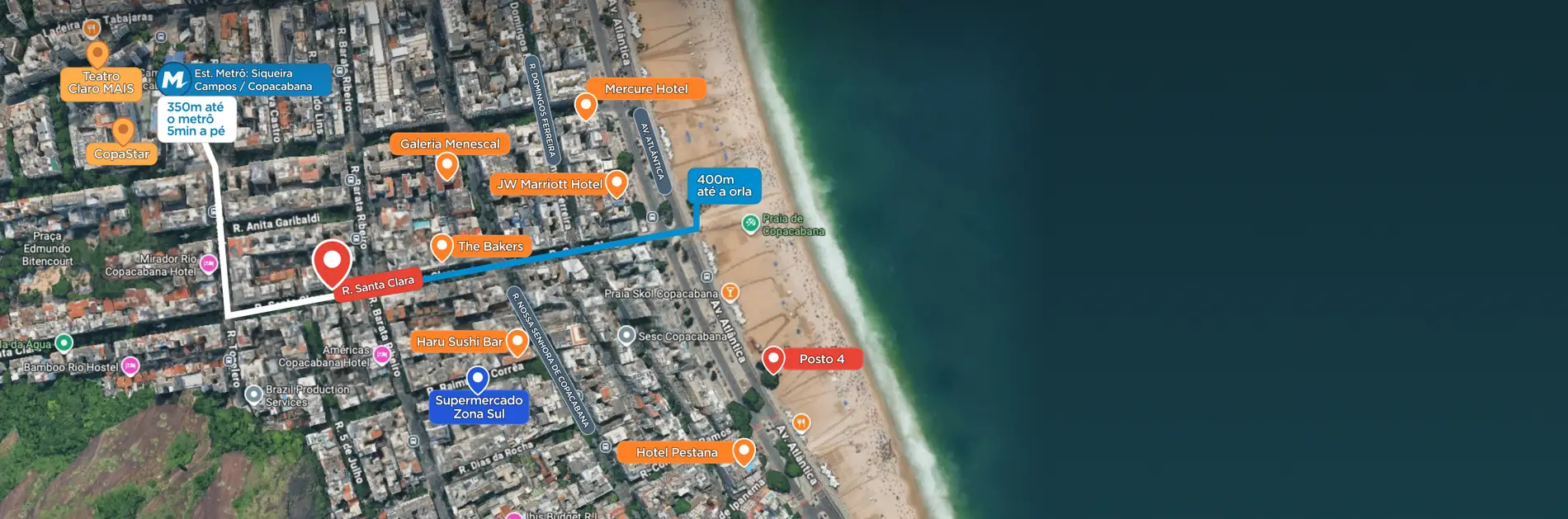 Mapa do entorno do Modo Copacabana Santa Clara, com o metrô Siqueira Campos, a orla e o Posto 4